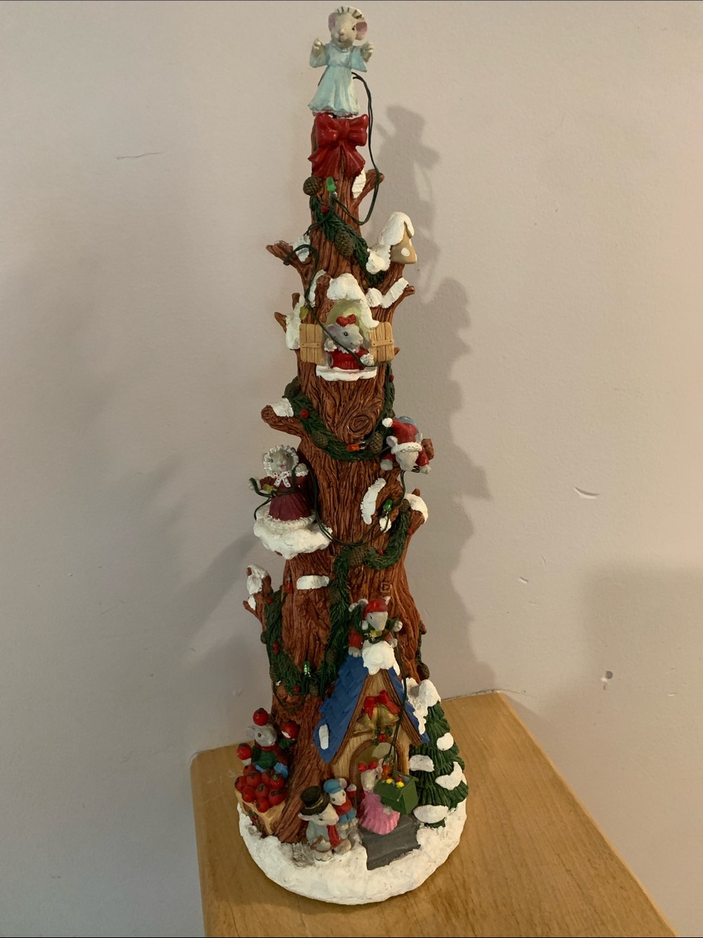 Holiday Tree Mouse Village Figurine – Brown with Red & Green Accents